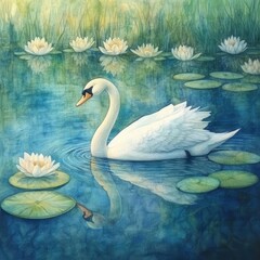 Obraz premium Elegant white swan gracefully swims in a pond with water lilies.
