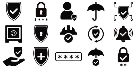 Protection icon set. Containing safe, shield, lock, security, alarm, umbrella, guard, fence and more. of  Vector illustration 