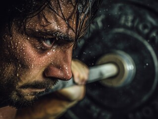 Intense man lifting barbell, dripping sweat, symbolizing strength and determination. Ideal for fitness motivation, gym advertising, sports articles, and workout programs.