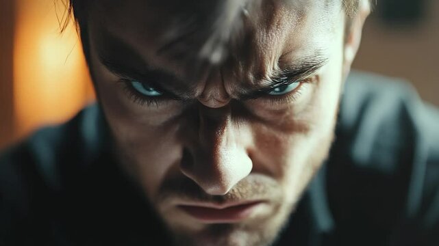 Intense close-up of a man with a fierce expression, focused on a task