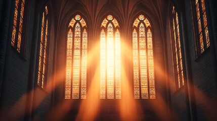Sunlight streaming through stained glass in a grand cathedral interior