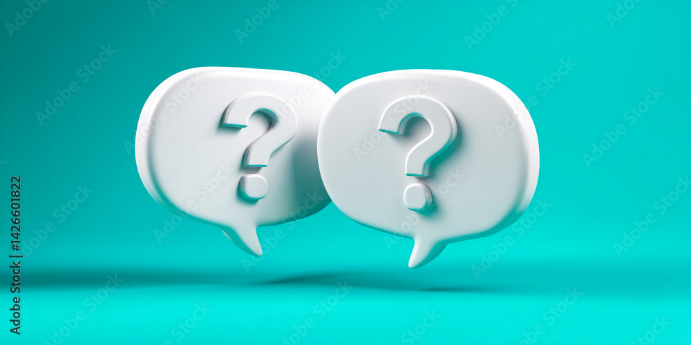 Poster Two white speech bubbles with question marks, floating against a teal background.  Represents FAQ, questions, inquiry, or problem-solving.
