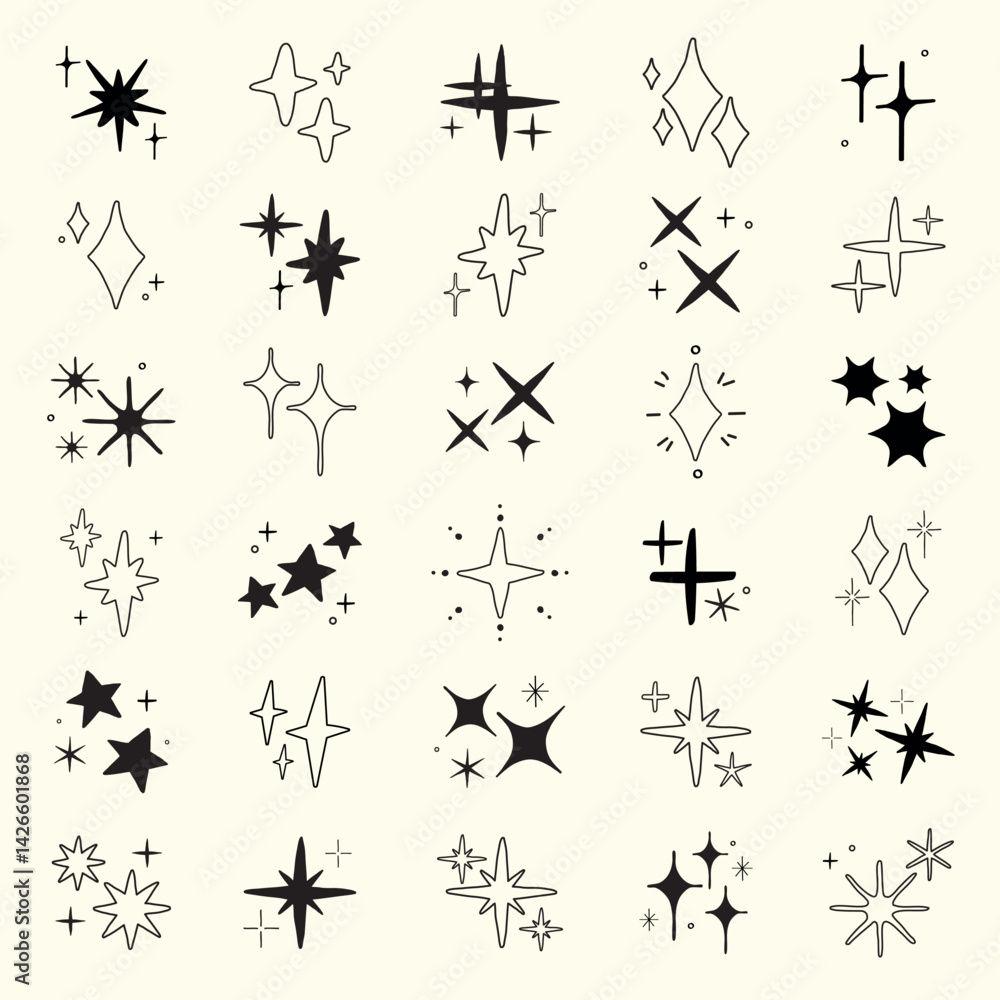 Aufkleber set of abstract star and sparkle icons. various star shapes and sparkle designs. simple black and wh