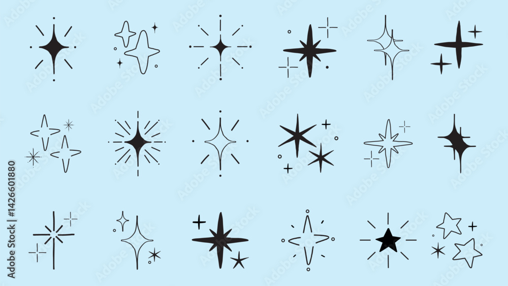 Poster set of abstract star and sparkle icons. various star shapes and sparkle designs. simple black and wh