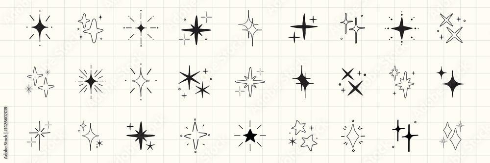 Poster set of abstract star and sparkle icons. various star shapes and sparkle designs. simple black and wh