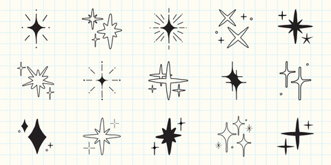 Set of abstract star and sparkle icons. Various star shapes and sparkle designs. Simple black and white star icons. Sparkle and star patterns for design. Element vector set.