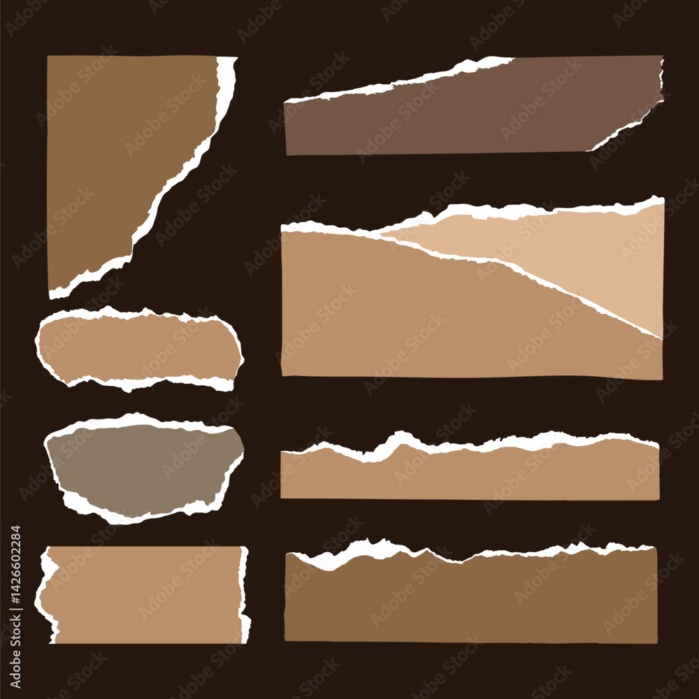 Poster set of torn paper edges on a dark background. torn paper textures in various shapes. torn paper stri