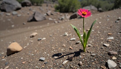 The lone flower defiantly stood tall amidst the harsh, unforgiving wilderness, its petals radiating a vibrant hue that seemed to defy the barren landscape surrounding it.