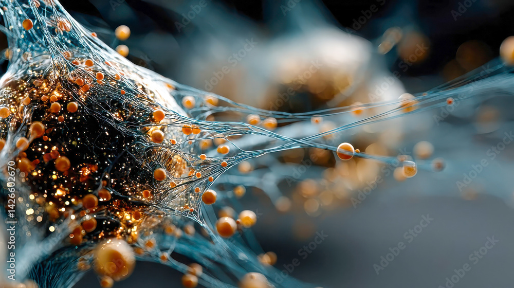 Poster organic fibers and glowing particles entwined in a dynamic abstract structure, evoking neural or dat