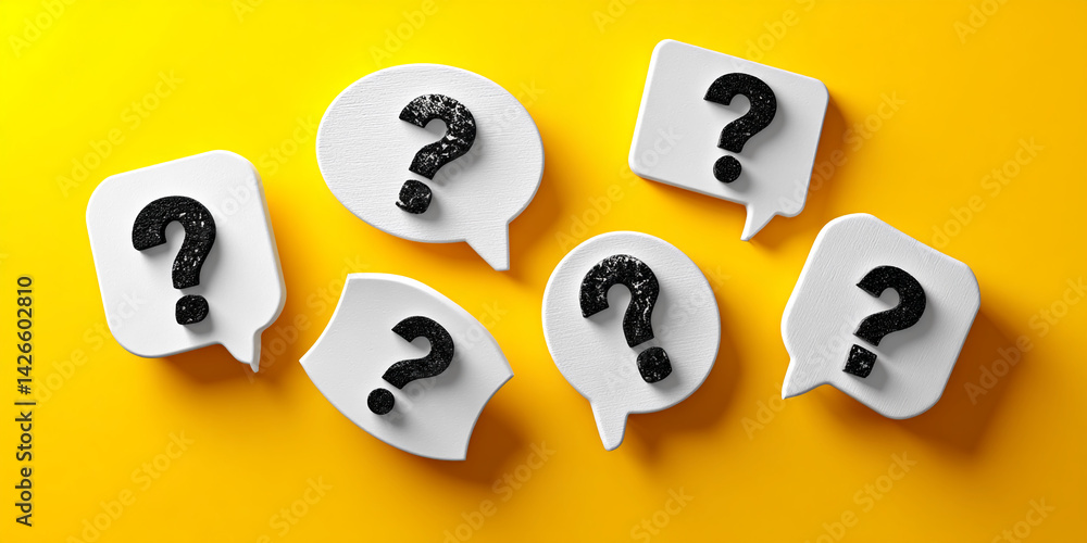 Poster White speech bubbles with black question marks on yellow background, symbolizing inquiry, questions, and problem-solving.  Free space for text