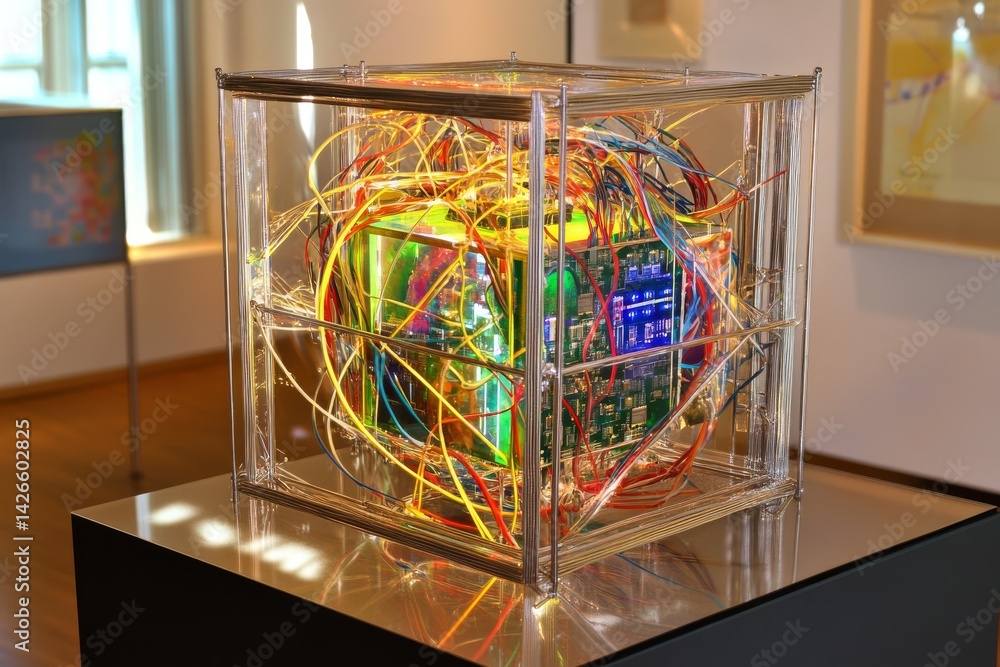 Poster illustration of a science fiction digital device featuring connections and wires set within a silver