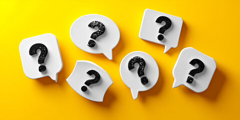White speech bubbles with black question marks on yellow background, symbolizing inquiry, questions, and problem-solving.  Free space for text