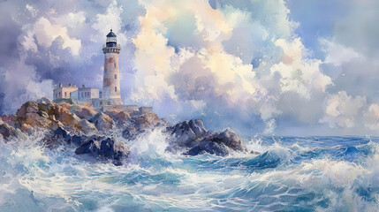 Delicate watercolor painting of a picturesque lighthouse overlooking a rocky coastline