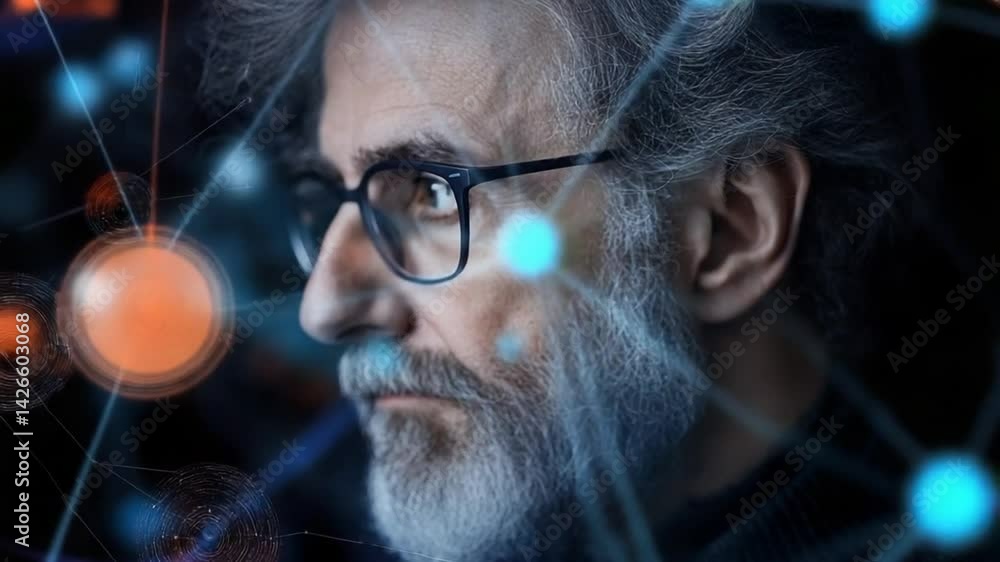 Poster thoughtful man in glasses surrounded by abstract digital patterns and glowing connections representi