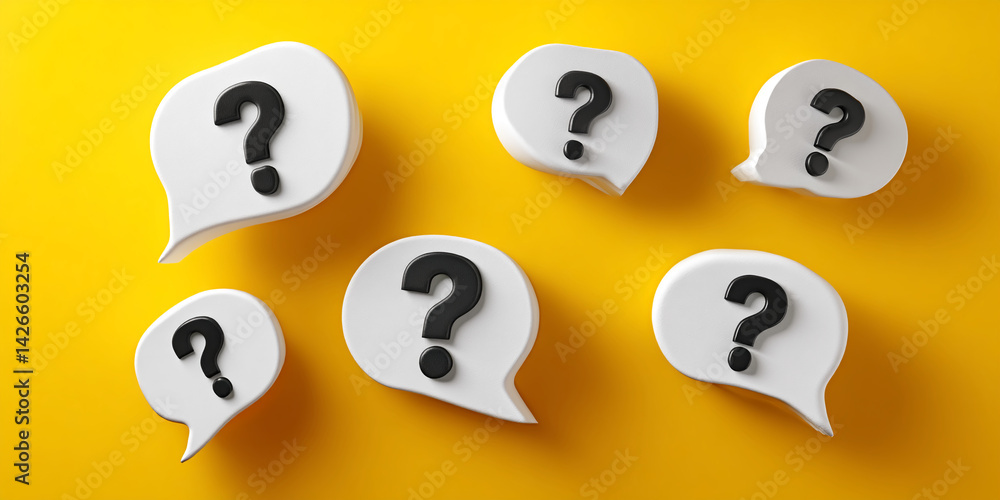 Poster white speech bubbles with black question marks on yellow background, showcasing concept of questions