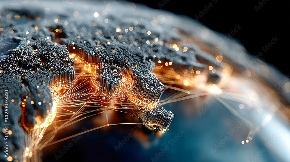Poster futuristic close-up of a digital globe with illuminated network nodes and glowing fiber connections 