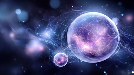 Obraz premium A cosmic scene featuring glowing spheres and ethereal light trails, creating a sense of depth and mystery in a vibrant, dark space.