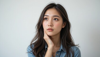 Naklejka premium Pensive Woman Looking Upwards with Hand on Face in Studio