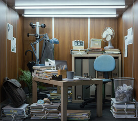 Tiny office interior with desk and lots of paperwork