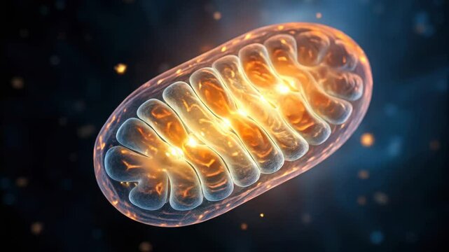 Cell metabolism, A vibrant, scientific illustration of a mitochondrion, featuring intricate details and glowing energy, representing cellular power and function.
