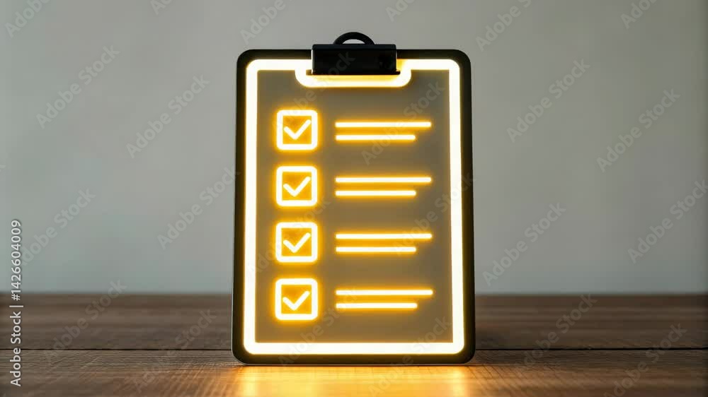 Poster a glowing checklist on a clipboard, featuring checked boxes against a minimalistic background, symbo