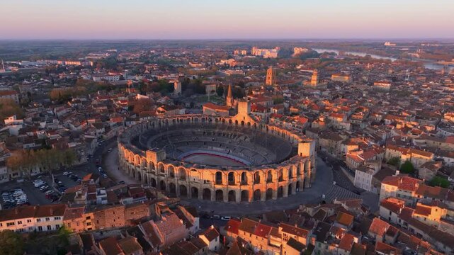 Morning drone capture of Arles with historic centerpiece. Aerial drone video