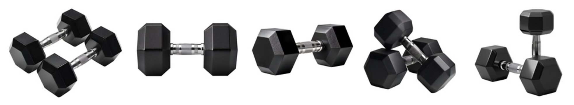 Collection set of black fitness sports training workout dumbbells weights, many view angle isolated on transparent cutout PNG. Mockup template for artwork