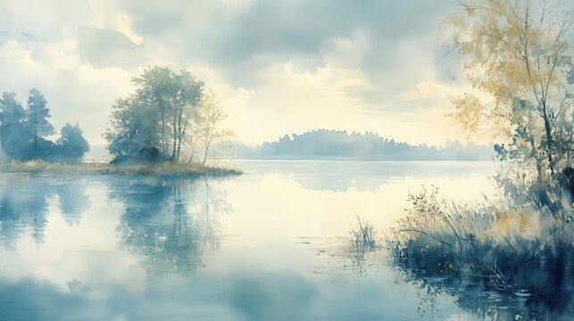 Peaceful watercolor landscape painting of a serene lake with trees and cloudy sky.