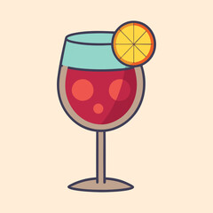 Stylized wine glass with red liquid and an orange slice illustration