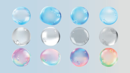 Set of colorful soap bubbles in various shades. Transparent bubbles with reflections. Bubbles in blue, pink, and rainbow hues. Glossy and translucent bubbles. Soap bubble element vector set.