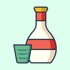 Stylized Bottle and Cup Still Life with Red Accents and Outlines