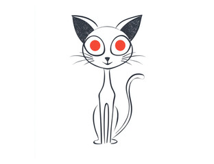 Fototapeta premium Sketchy Long-Necked Cat with Red Eyes, Spooky and Unusual, Sitting Down