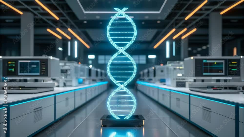 Poster digital art of a dna model in a high-tech laboratory setting.