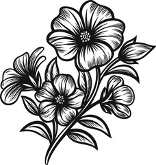 Black and white floral vector design showcases ornate flower silhouettes and leaf element
