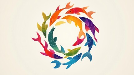 Obraz premium A vibrant circular design of colorful fish in a swirling pattern.