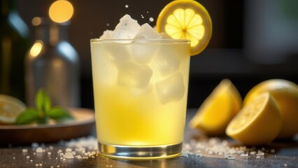 Refreshing lemon drink with ice cubes, mint, and lemon slices in a low glass on a wooden surface, surrounded by sugar cubes and greenery in natural sunlight.