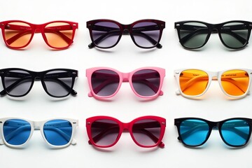 Collection of trendy sunglasses in various colors and shapes on white background, eyewear, modern, fashion