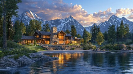 Fototapeta premium Mountain Lakefront Home at Sunset