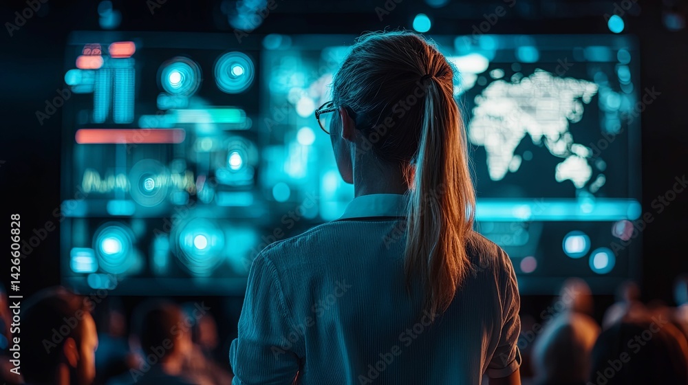 Poster woman observes a large screen displaying data visualizations at a conference.