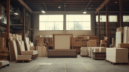 Empty warehouse interior with wooden pallets and supplies, blank canvas in center