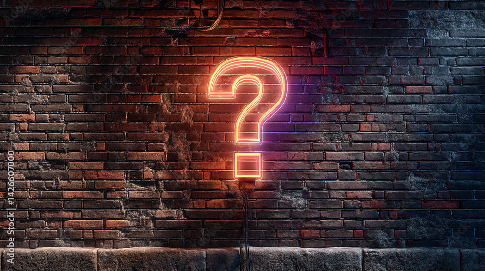Poster Neon question mark sign on a brick wall background, creating an intriguing and mysterious atmosphere, suitable for concepts related to uncertainty, inquiry, or problem-solving