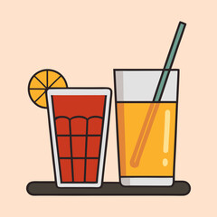 Two colorful refreshing drinks on a dark surface against a light background