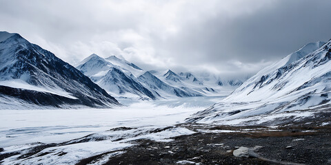 Obraz premium Icy Glacial Basin Of The Altai Mountains Under Overcast Skies, Perfect For Rugged Terrain Moodboards, Harsh Climate Visualization, And Asia Geographic Context