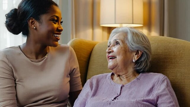 A young Black woman smiles warmly as she chats with an elderly woman seated comfortably in a cozy living room. Concept of compassionate caregiving and intergenerational connection.

