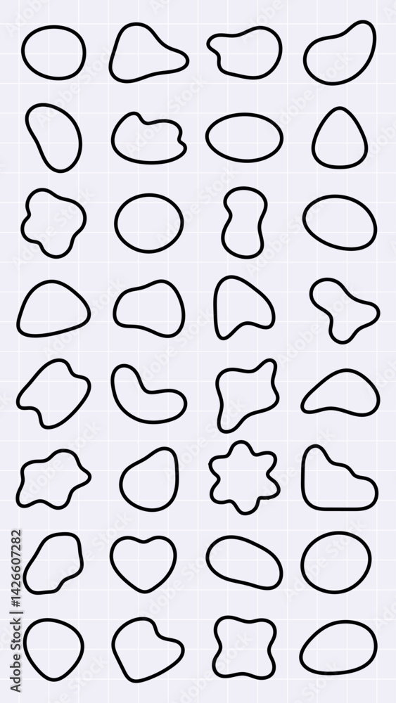 Aufkleber set of 30 abstract shapes in black outlines on a grid background. each shape is unique, featuring or