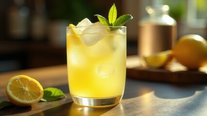 Fototapeta premium Refreshing lemon drink with ice cubes, mint, and lemon slices in a low glass on a wooden surface, surrounded by sugar cubes and greenery in natural sunlight.
