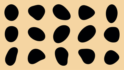 Abstract pattern with black oval shapes on a beige background. The black shapes create a striking contrast. Oval shapes repeat in a random pattern. Black shape vector set.