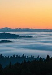 Obraz premium Generative AI - Stunning panoramic view of a misty mountain landscape at sunrise with layered silhouettes of forested hills and a colorful sky, peaceful and calming natural scenery