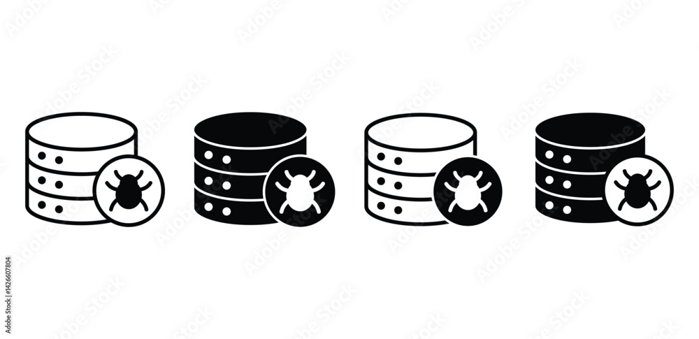 Poster virus database icon black and white glyph illustrations with bug symbols vector design