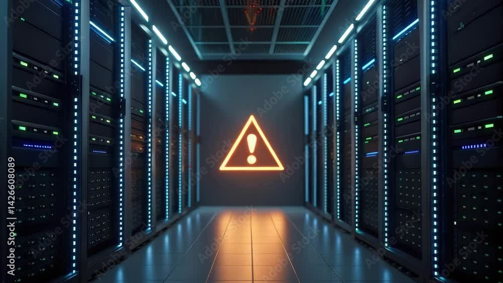 Poster a dimly lit server room featuring data storage racks and a prominent warning sign, emphasizing poten
